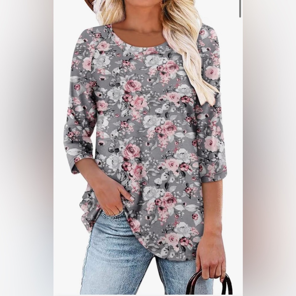 Pink & Grey Relaxed Blouse with Floral Design Size XXL NWOT